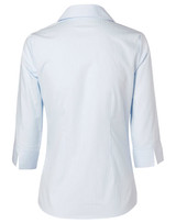 A light blue women's self-stripe button-up shirt with 3/4 sleeves, featuring a back view and a collar.