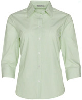 A green striped 3/4 sleeve button-up shirt featuring a collar and a logo on the label.