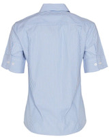 A short sleeve button-up shirt in blue and white stripes, featuring a back view and rolled sleeves. Includes a logo.