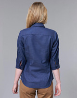 A navy blue ladies' button-up shirt with 3/4 sleeves and a textured pattern. Features a logo on the back.