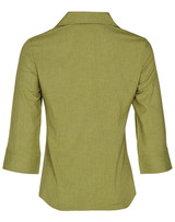 A green women's Cooldry 3/4 sleeve shirt with a back collar and rolled sleeves. It features a logo on the fabric.