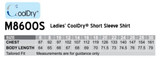 A chart displaying sizes, chest measurements, and body lengths for a women's Cooldry short sleeve shirt.