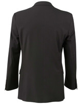 A back view of a black men's poly/viscose stretch jacket, featuring a tailored design and a single vent.