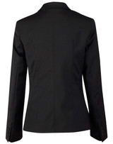 A black wool blend stretch cropped jacket featuring a one-button closure and tailored back design.