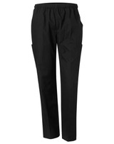 Black unisex scrub pants with an elastic waistband and side pockets. Features a logo on one side.