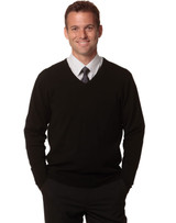 A black men's 100% Merino wool V-neck long sleeve sweater, styled with a shirt and tie.