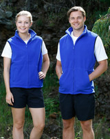 A unisex polar fleece vest in bright blue, worn by a woman and a man, each paired with a white t-shirt and shorts.