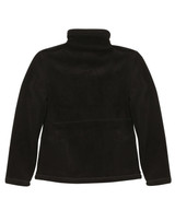 A black polar fleece jacket featuring a high collar and a smooth finish, with a logo on the back.