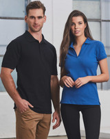 A black men's polo shirt and a blue women's polo shirt displayed on models against a light background. Each shirt has a logo.