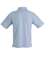 A light blue short sleeve polo shirt featuring a collar and a logo.