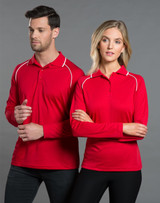 A red long-sleeve polo shirt featuring raglan sleeves, modeled by a man and woman. The shirt has a logo.