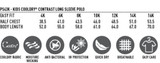 A chart detailing sizes and measurements for a kid's Cooldry contrast long sleeve polo, features a logo and various attributes.