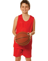 A boy wearing a red basketball vest and matching red shorts holds a basketball. The outfit features a logo.
