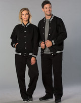 Black track pants for adults featured with matching black jackets, both with white stripes. Accessories visible include logo branding.