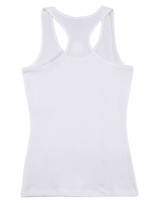 A white ladies' fitted stretch singlet with a racerback design and a logo on the backside.
