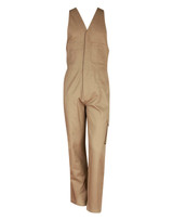 Men's cotton drill action back overall in khaki. Features multiple pockets and a branded logo.