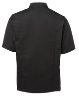 A black short-sleeve chef's jacket with a classic collar and a branded logo on the back. A black short-sleeve chef's jacket with a classic collar and a branded logo on the back.