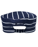 A navy and white striped chef's cap with an elastic band and a logo on the back. A navy and white striped chef's cap with an elastic band and a logo on the back.