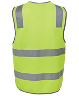 A high-visibility safety vest in bright yellow with reflective grey stripes and a logo. A high-visibility safety vest in bright yellow with reflective grey stripes and a logo.