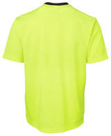 A bright yellow work t-shirt with a black collar, featuring a logo on the back. A bright yellow work t-shirt with a black collar, featuring a logo on the back.