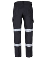 Black cargo pants with reflective tape, featuring multiple pockets and a logo, designed for durability and functionality. Black cargo pants with reflective tape, featuring multiple pockets and a logo, designed for durability and functionality.