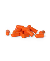 A collection of orange bullet-shaped earplugs arranged on a white background. A collection of orange bullet-shaped earplugs arranged on a white background.
