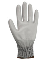 A white cut-resistant glove with a grey knitted wrist cuff. The glove has a textured surface and a branding logo. A white cut-resistant glove with a grey knitted wrist cuff. The glove has a textured surface and a branding logo.
