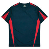 A T-shirt featuring a dark blue body with red accents on the sides and a logo on the neckline.