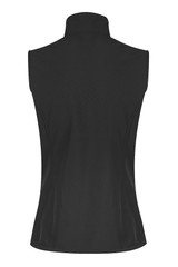A black women's work vest featuring a high collar and a fitted design, with a logo on the back.