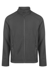 A soft shell jacket in charcoal grey featuring a zip front and two side pockets. It has a logo on the chest.