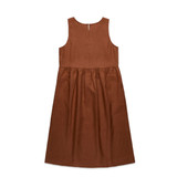 A brown linen dress featuring a sleeveless design and a gathered skirt. The back has a zip closure. A brown linen dress featuring a sleeveless design and a gathered skirt. The back has a zip closure.
