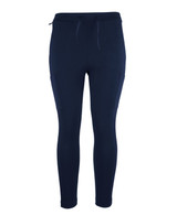 A pair of navy blue stretch ponte pants with side pockets and a drawstring waistband. A pair of navy blue stretch ponte pants with side pockets and a drawstring waistband.