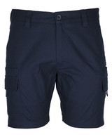A pair of navy blue cargo shorts with multiple pockets and a button closure at the front, featuring branding. A pair of navy blue cargo shorts with multiple pockets and a button closure at the front, featuring branding.