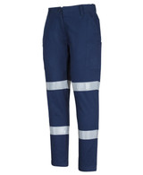 Navy cargo pants with reflective D+N tape detailing and multiple pockets, featuring a logo. Navy cargo pants with reflective D+N tape detailing and multiple pockets, featuring a logo.