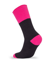 A black and pink ultra thick bamboo work sock with a reinforced heel and toe. It features a logo on the side. A black and pink ultra thick bamboo work sock with a reinforced heel and toe. It features a logo on the side.