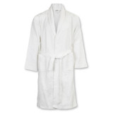 A white waffle bathrobe featuring a tied waist and long sleeves, with a logo on the neckline. A white waffle bathrobe featuring a tied waist and long sleeves, with a logo on the neckline.