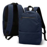 A navy backpack with a smooth finish and padded straps, featuring a front zip pocket and a mesh back panel. A navy backpack with a smooth finish and padded straps, featuring a front zip pocket and a mesh back panel.