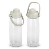 A drink bottle with a clear body and a grey lid, featuring a handle and an attached cap. A drink bottle with a clear body and a grey lid, featuring a handle and an attached cap.