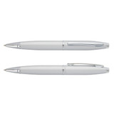 A silver Cross Calais ballpoint pen displayed from two angles, featuring a polished finish and a clip. A silver Cross Calais ballpoint pen displayed from two angles, featuring a polished finish and a clip.