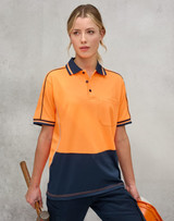 Hi-Vis sustainable short-sleeve polo in orange and navy, featuring a pocket and contrasting trim, with branding.
