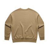 A beige crew jumper with a simple, unadorned design and ribbed cuffs. It features a branding logo.