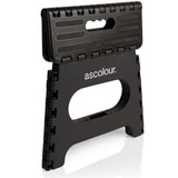 A black folding utility stool with a handle and a textured surface, featuring a logo on the front.