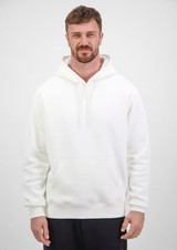 A white men's hoodie with a kangaroo pocket and drawstring hood, being worn by a model.
