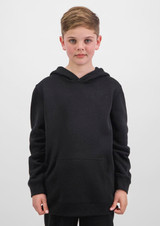 A black hoodie featuring a front pocket and a hood, modelled by a child standing against a plain background.