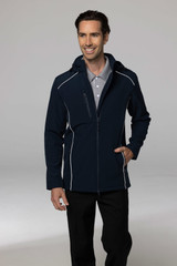 A navy men's jacket with a hood, featuring white trim and a zippered front, displayed on a male model.