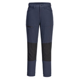 A pair of women's stretch work pants in navy blue with black panel accents and a zippered pocket.