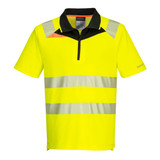 A bright yellow short-sleeve polo shirt with reflective stripes and a zip collar, featuring a black neckline and a logo.