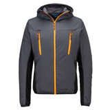 A grey insulated hybrid jacket with orange zippered pockets and a hood, featuring a logo on the front.