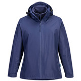 A navy blue women's 3-in-1 jacket featuring a hood and zip closure. It has a logo on the exterior.