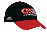 A black cap with a red brim, featuring a logo and branding on the front and side.